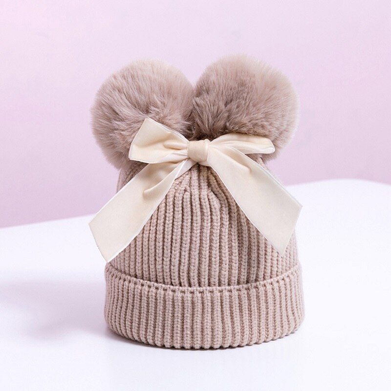 Pompom Knitted Velvet Bow Baby Beanie