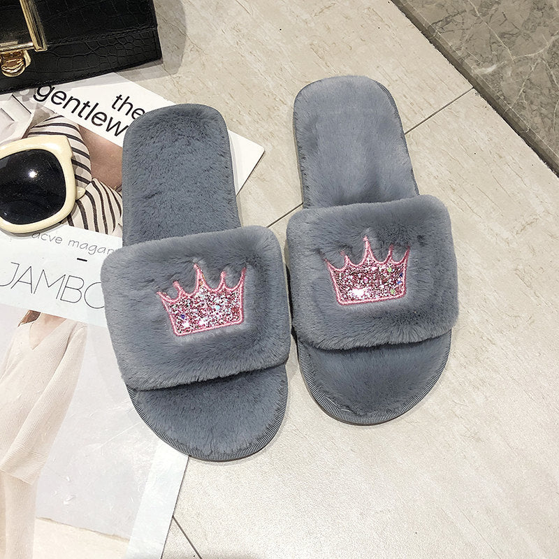 Embroidered Sequin Crown Fur Slippers