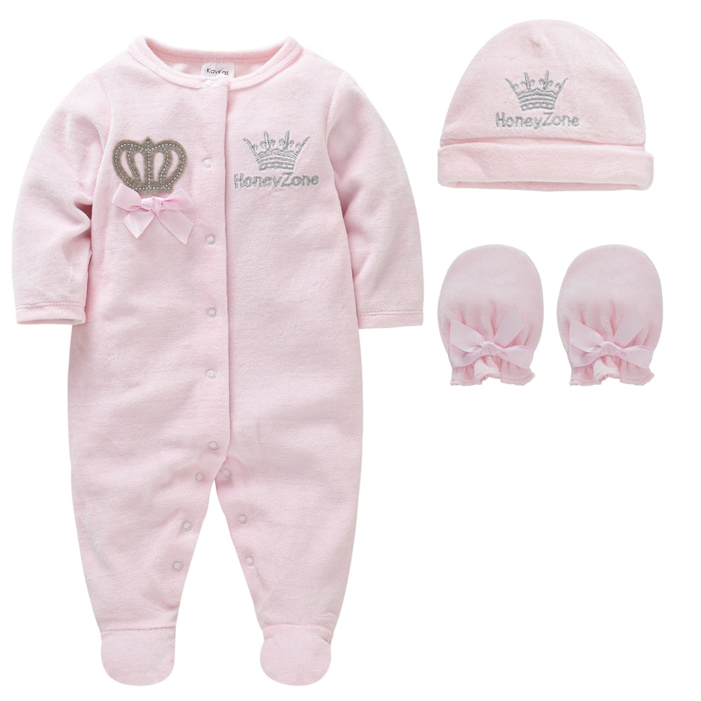 3pcs Cotton Crown Embroidered Baby Sleeper Set w/ Matching Hat & Mittens