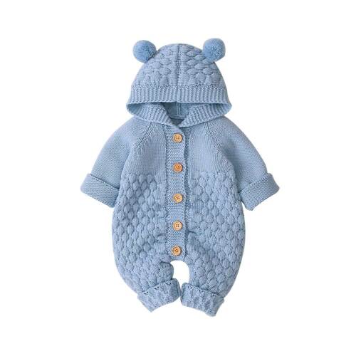 Bear Ear Knit Hooded Cotton Baby Jumpsuit