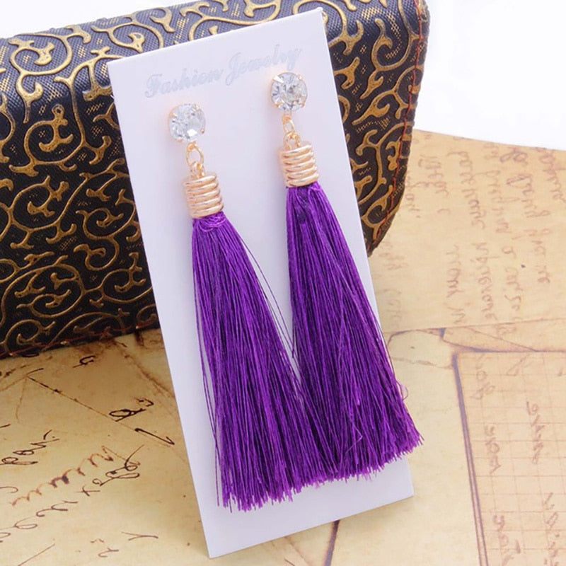 Bohemian Crystal Long Tassel Dangle Earrings