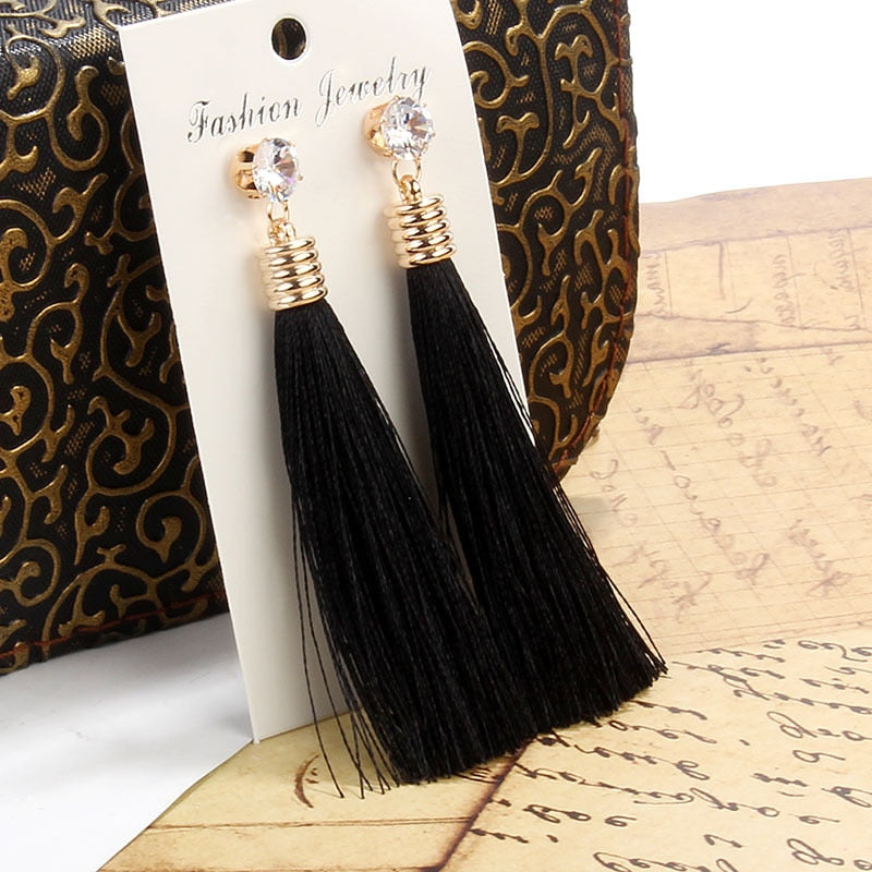 Bohemian Crystal Long Tassel Dangle Earrings