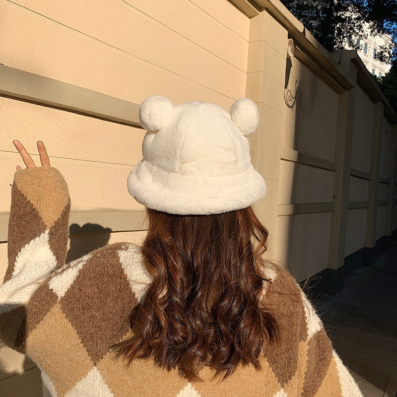 Bear Ears Thick Fur Bucket Hat