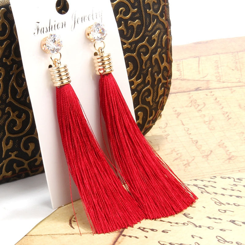 Bohemian Crystal Long Tassel Dangle Earrings