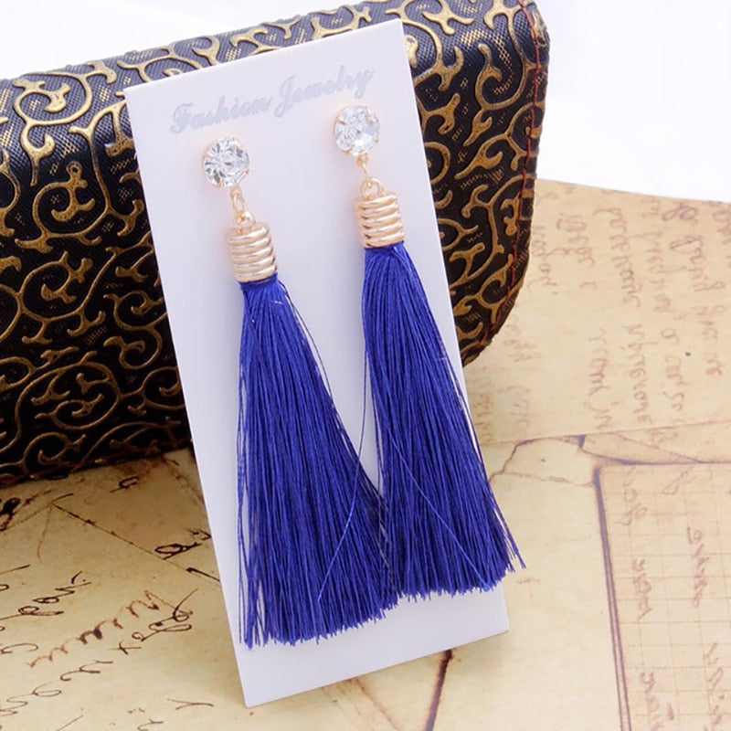 Bohemian Crystal Long Tassel Dangle Earrings