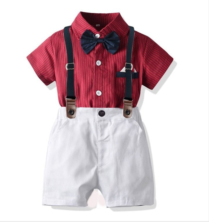 2pcs Button Up Short Sleeve Bowtie Shirt w/ Suspenders Baby Outfit Set