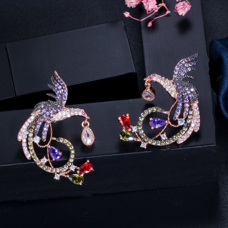 Rainbow Rhinestone Phoenix Stud Earrings