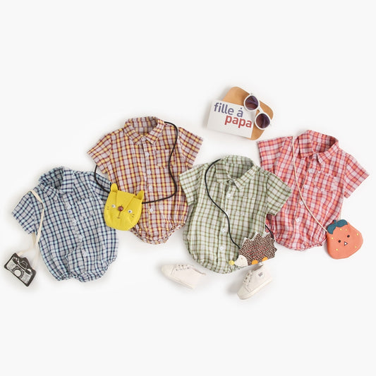 Plaid Cotton Baby Short Sleeve Button Onesie