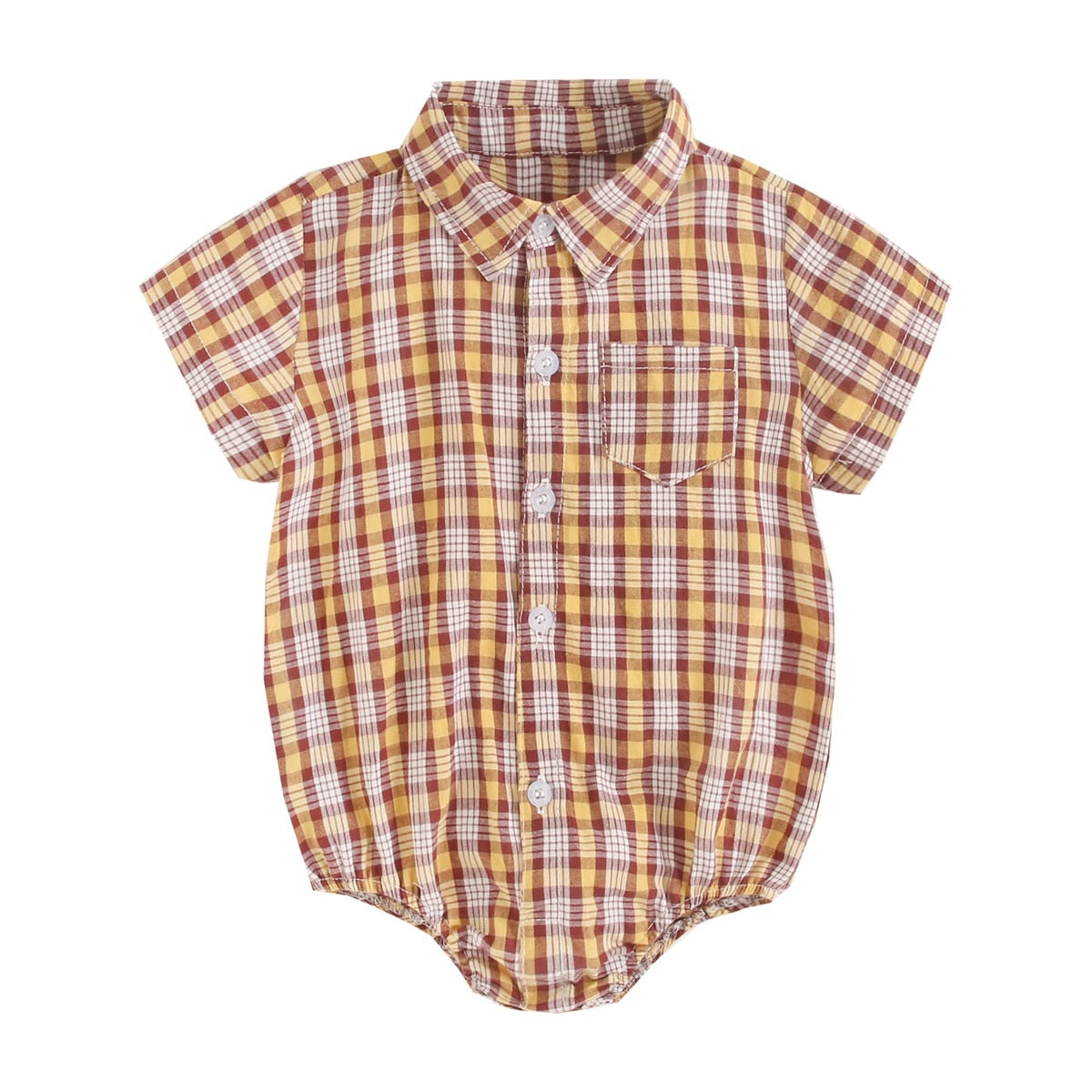 Plaid Cotton Baby Short Sleeve Button Onesie