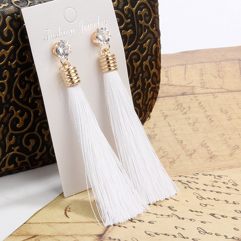 Bohemian Crystal Long Tassel Dangle Earrings