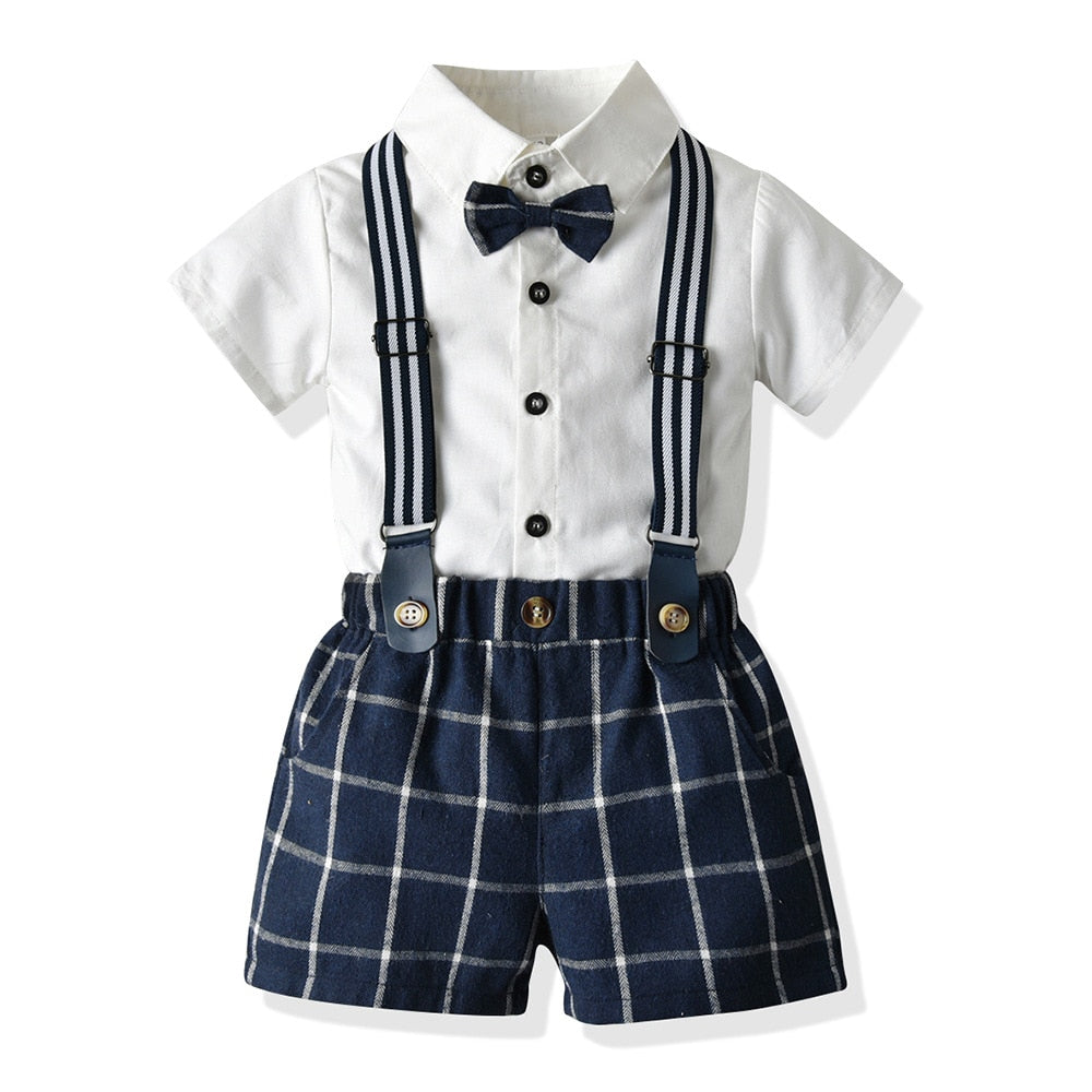2pcs Button Up Short Sleeve Bowtie Shirt w/ Suspenders Baby Outfit Set