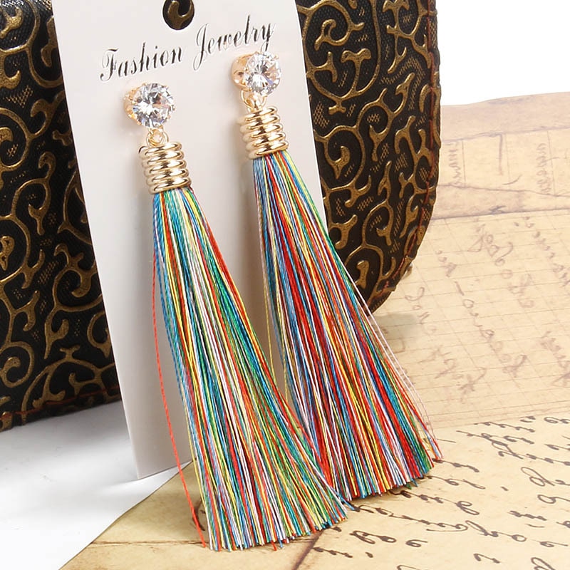 Bohemian Crystal Long Tassel Dangle Earrings