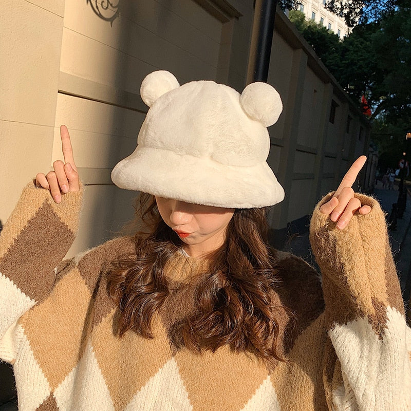 Bear Ears Thick Fur Bucket Hat