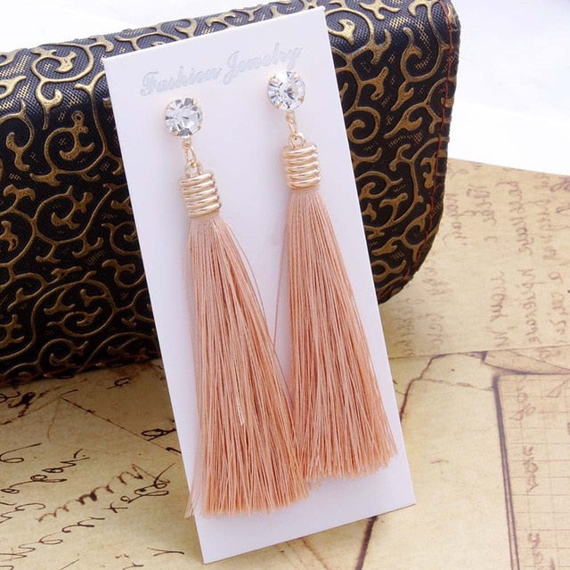 Bohemian Crystal Long Tassel Dangle Earrings