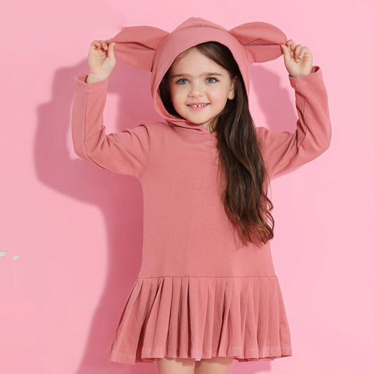 Rabbit Ears Hooded Ruched Long Sleeve Children's Sweater Dress