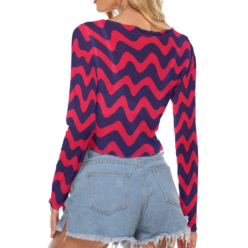 Wavy Mesh Long Sleeve Crop Top