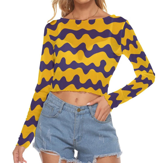 Wavy Mesh Long Sleeve Crop Top