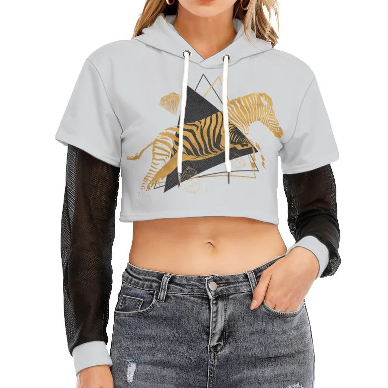 Zebra Mesh Sleeve Cropped Hoodie