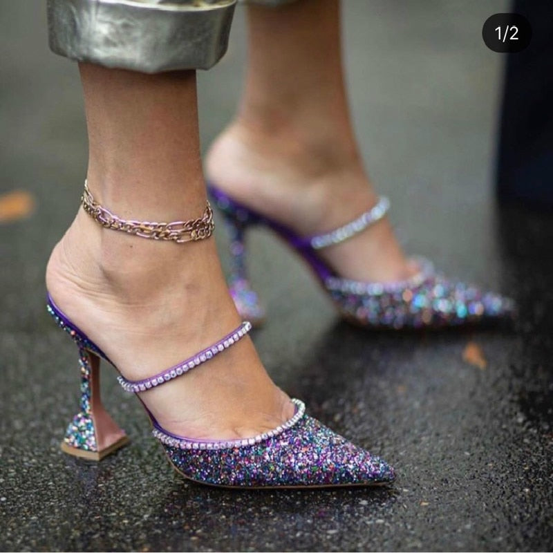 Dazzling Crystal Pointed High Heel Mules