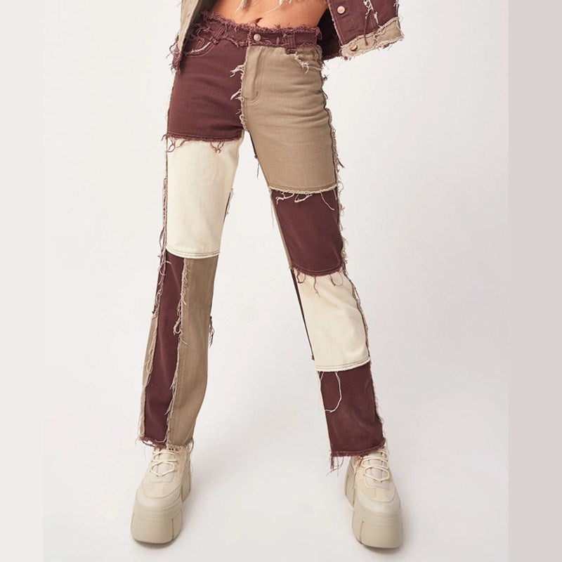 Patchwork High Waist Straight Leg Jeans