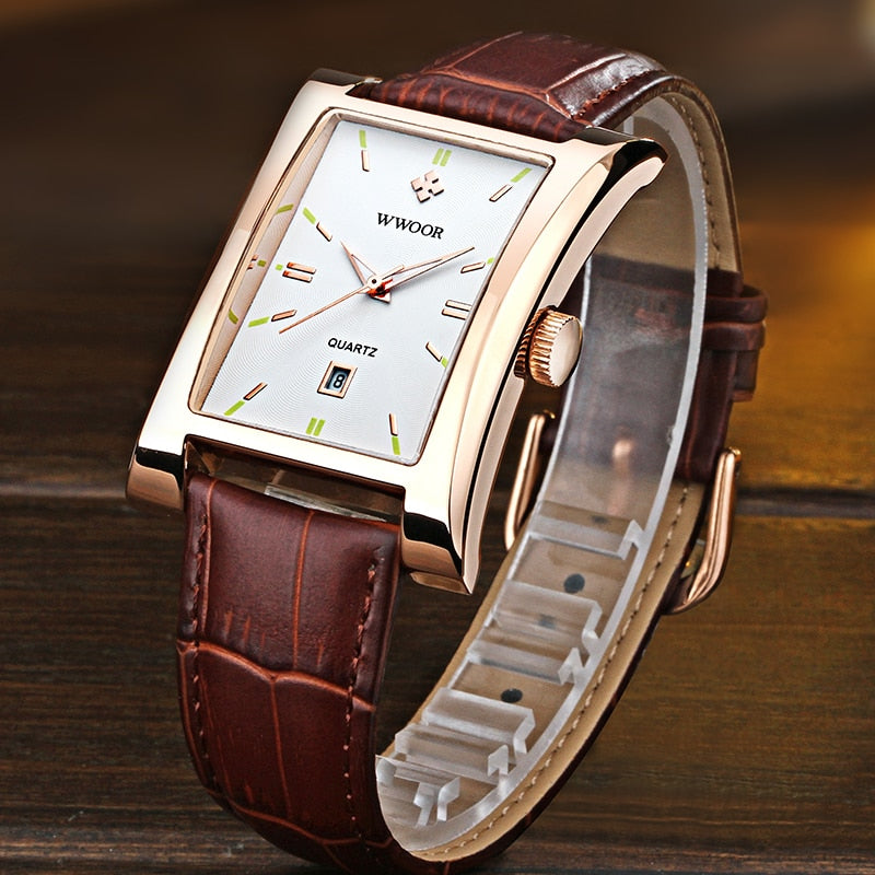 White Gold Leather Rectangle Watch