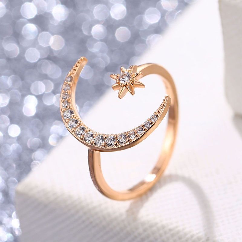 Moon And Star Rhinestone Ring