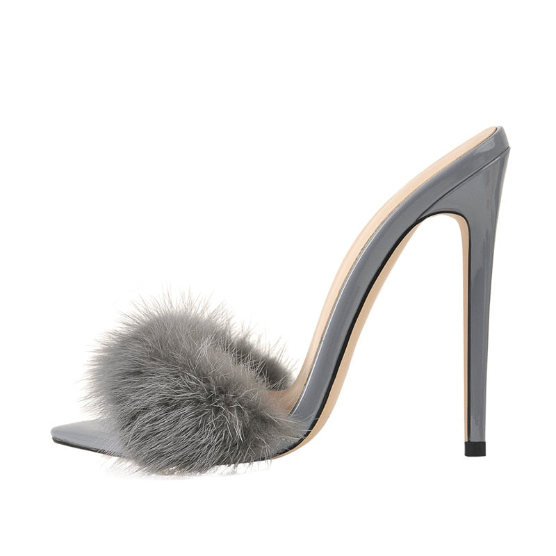 Fur High Heel Pointed Mules