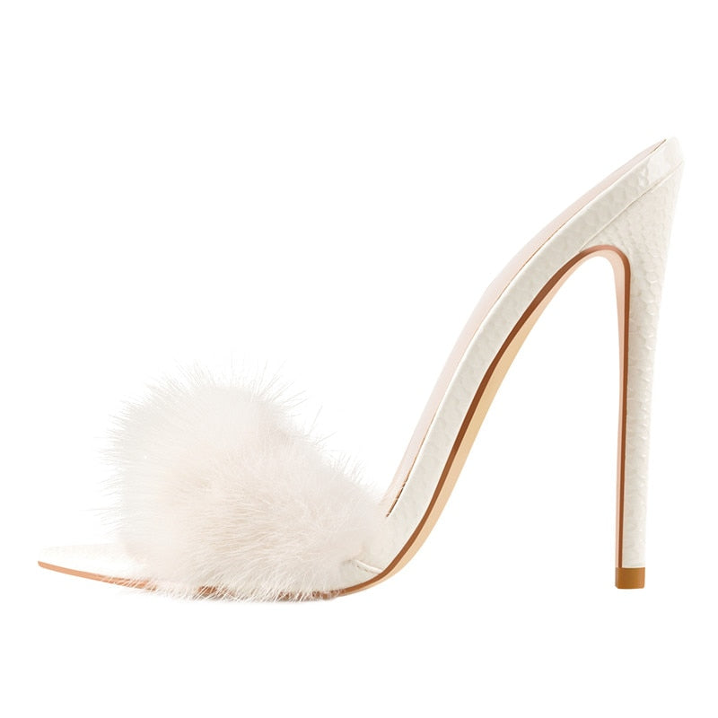 Fur High Heel Pointed Mules