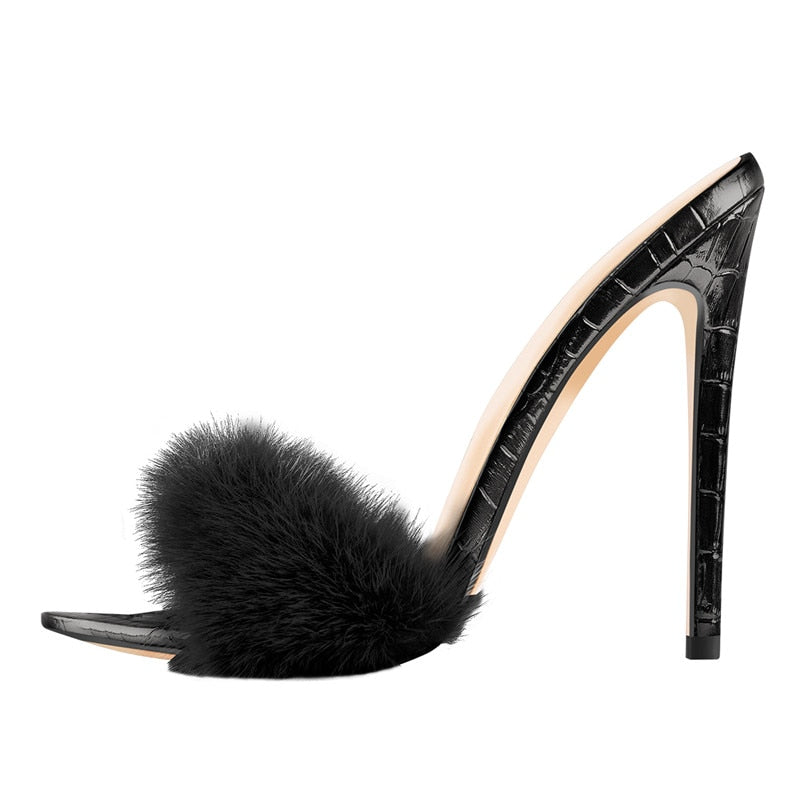 Fur High Heel Pointed Mules