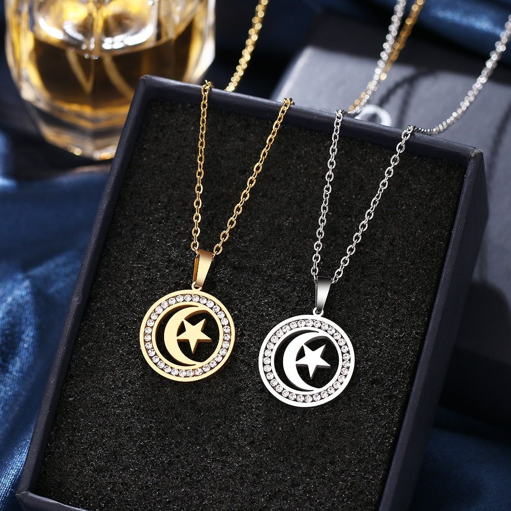 Moon And Star Rhinestone Chain Necklace