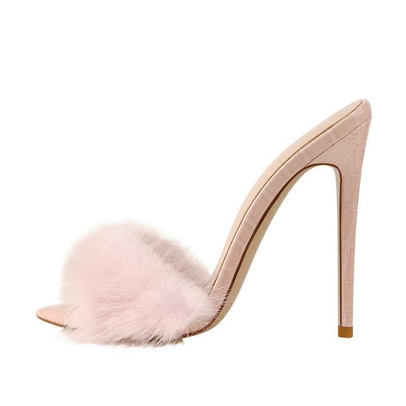 Fur High Heel Pointed Mules