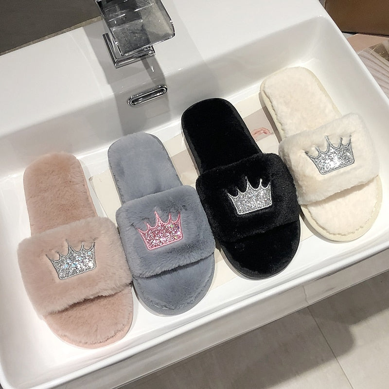 Embroidered Sequin Crown Fur Slippers