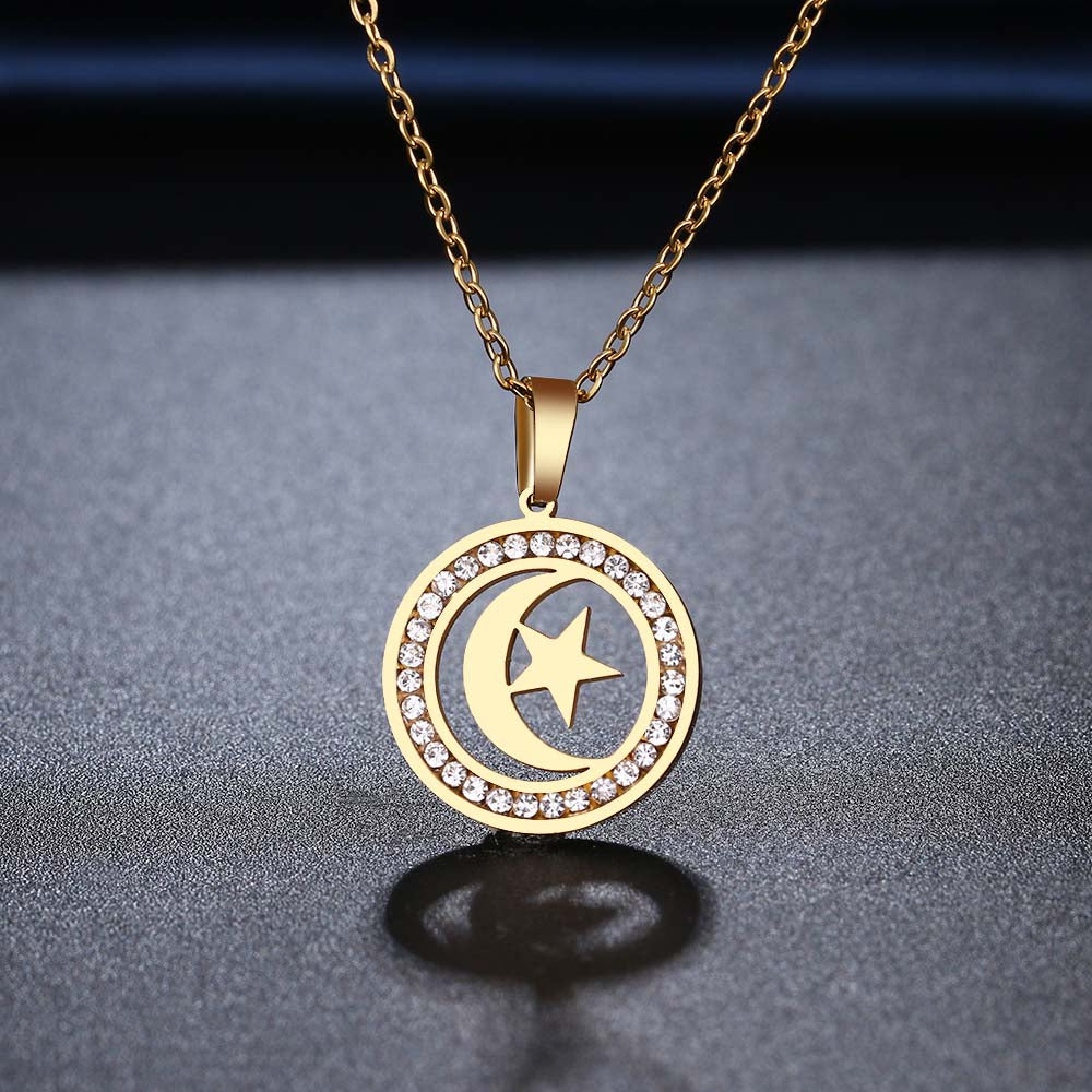 Moon And Star Rhinestone Chain Necklace