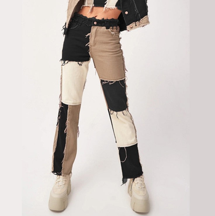 Patchwork High Waist Straight Leg Jeans