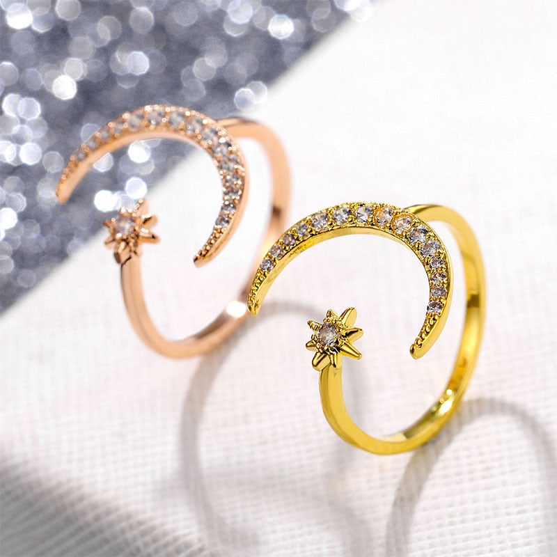 Moon And Star Rhinestone Ring