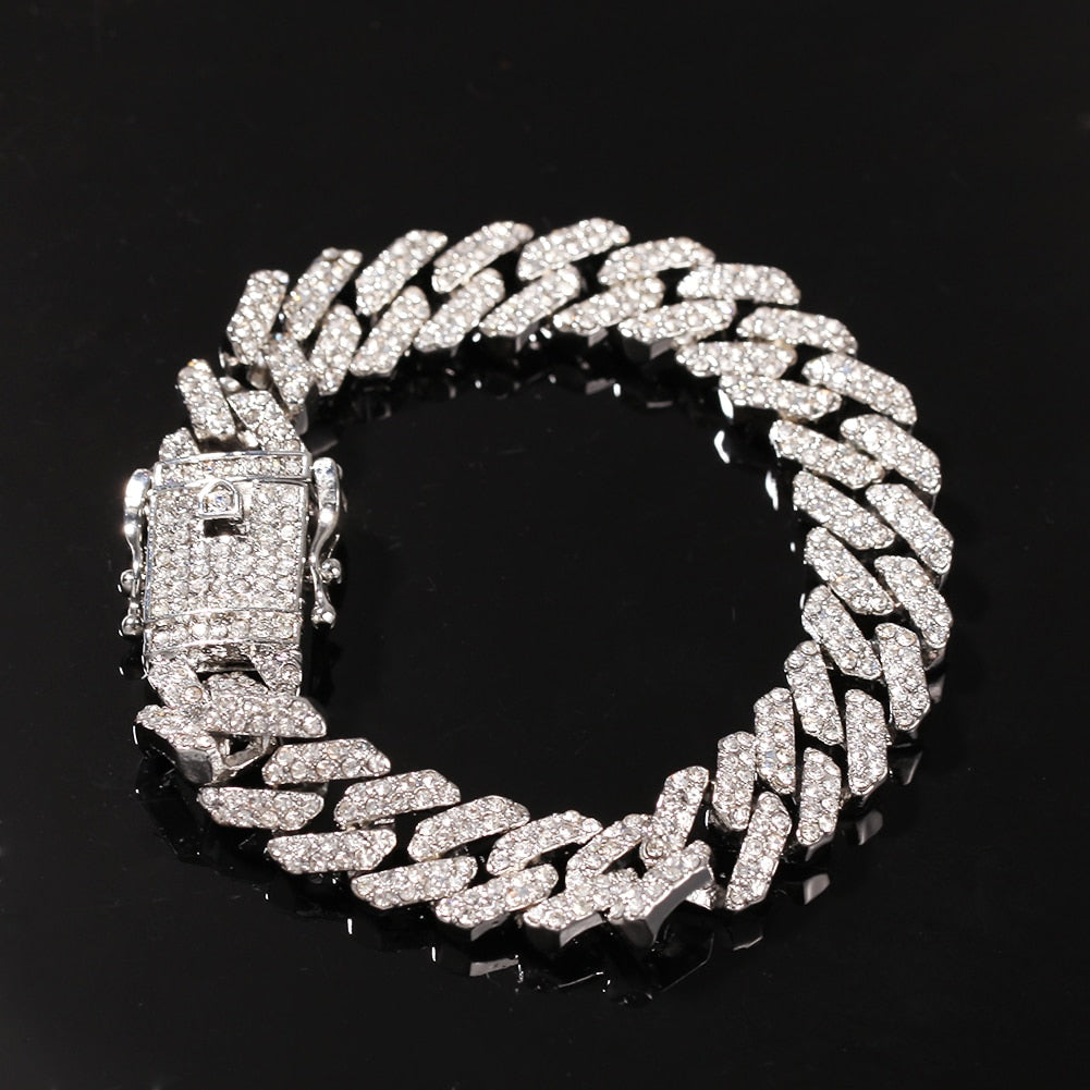 12mm Rhinestone Cuban Chain Link Bracelet