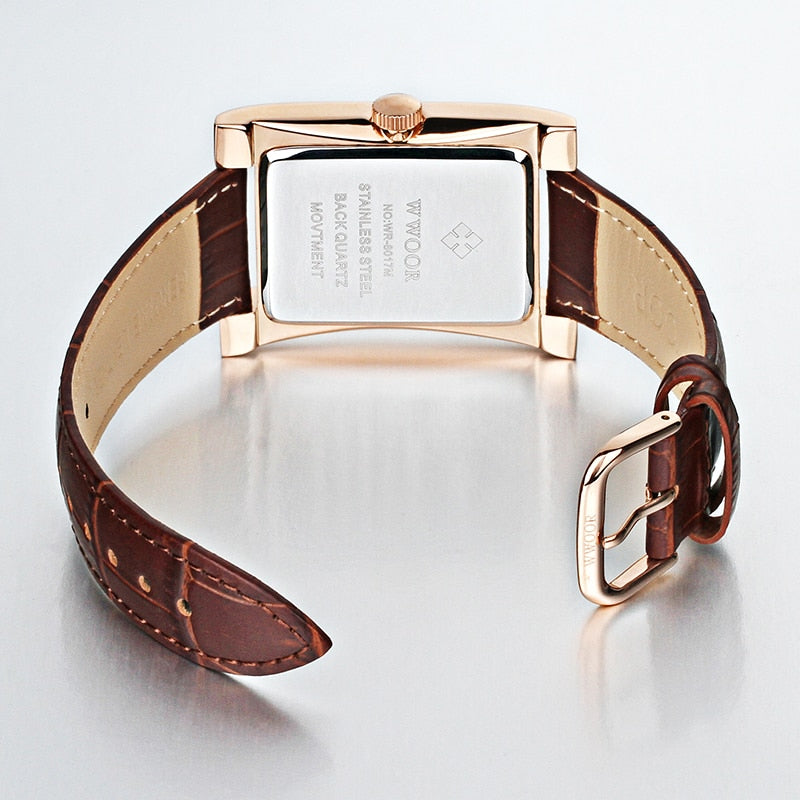 White Gold Leather Rectangle Watch