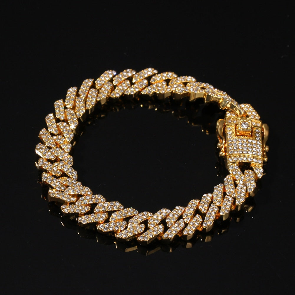 12mm Rhinestone Cuban Chain Link Bracelet