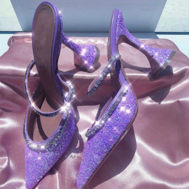 Dazzling Crystal Pointed High Heel Mules