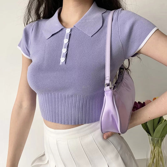 Button Up Ribbed Polo Crop Top