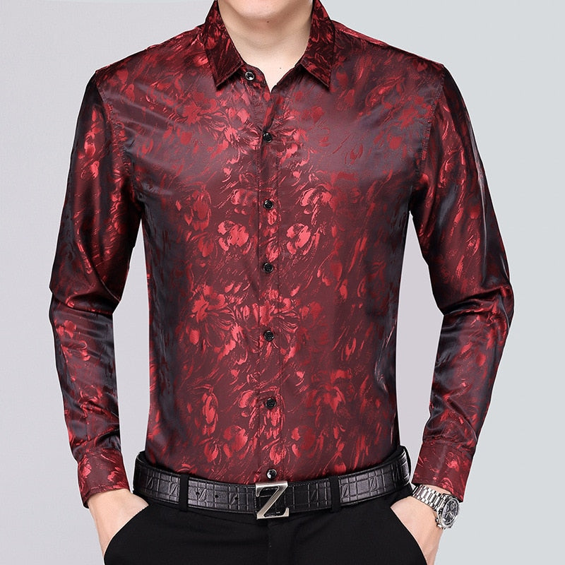 Satin Floral Print Long Sleeve Dress Shirt