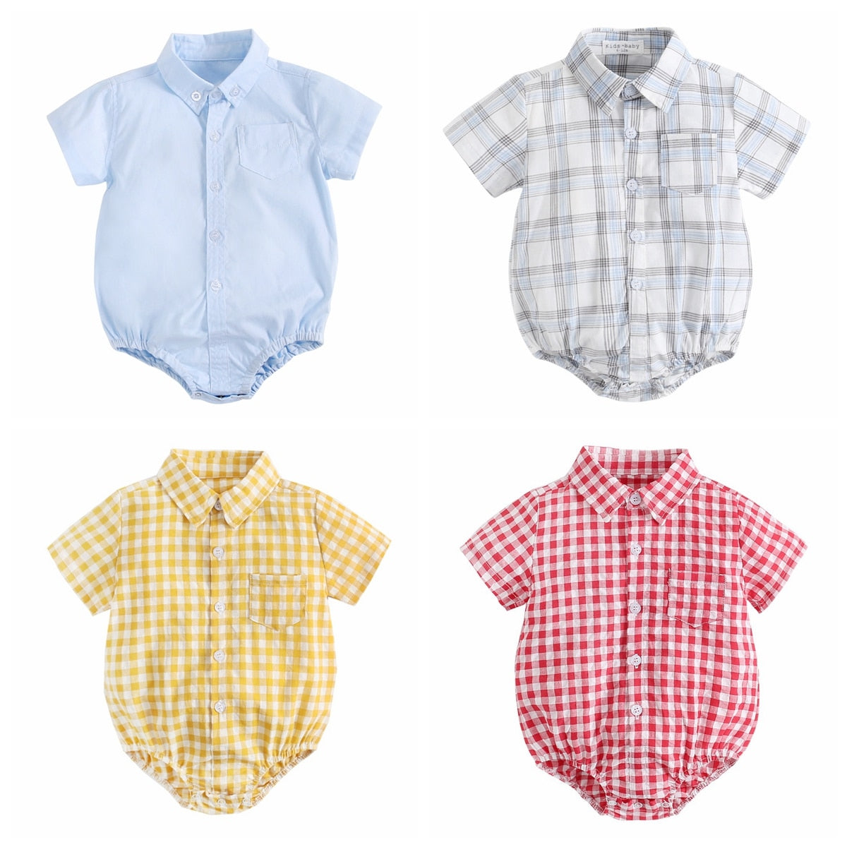 Plaid Cotton Baby Short Sleeve Button Onesie