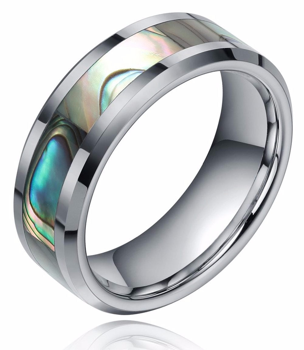 Green Abalone Tungsten Carbide Polished Ring