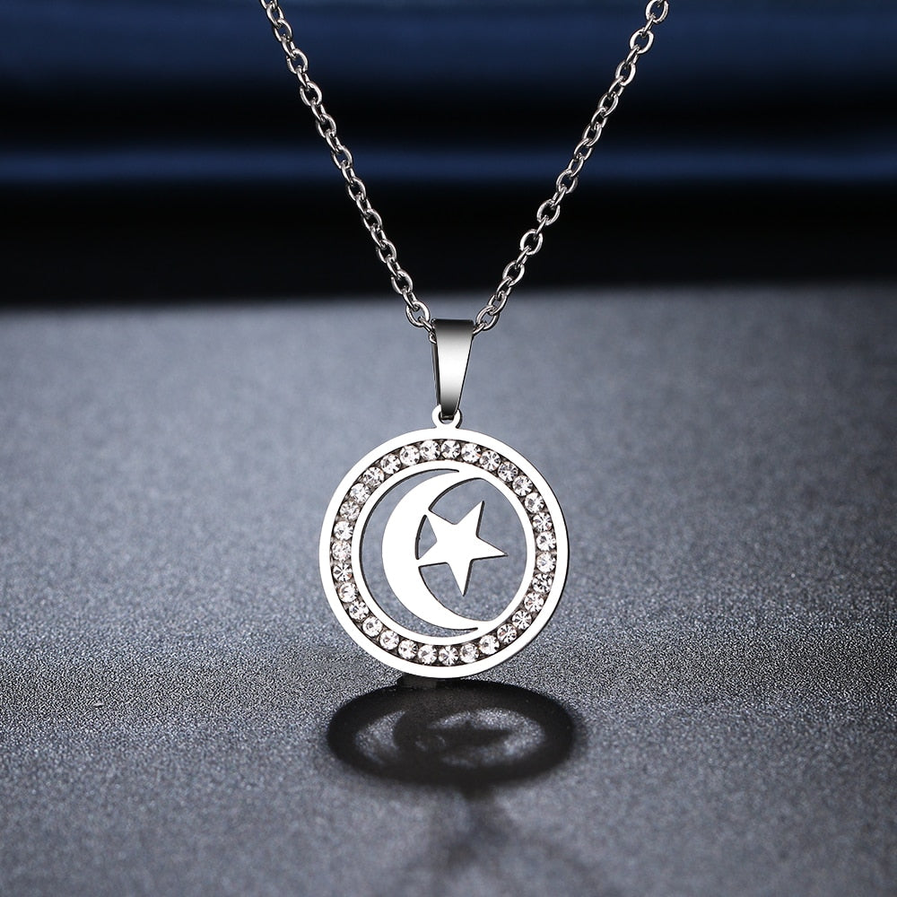 Moon And Star Rhinestone Chain Necklace