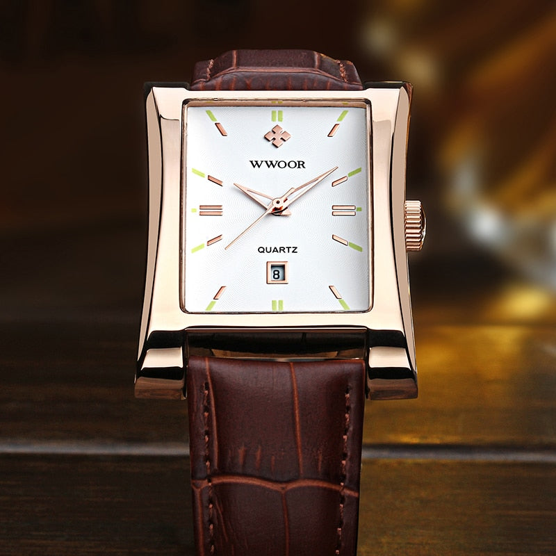 White Gold Leather Rectangle Watch