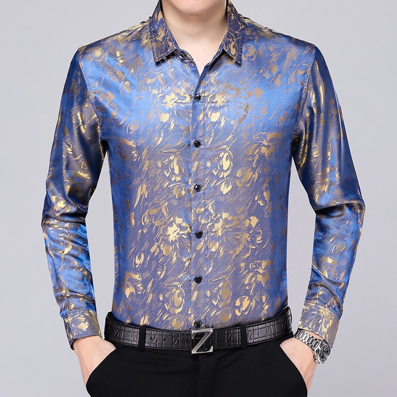 Satin Floral Print Long Sleeve Dress Shirt