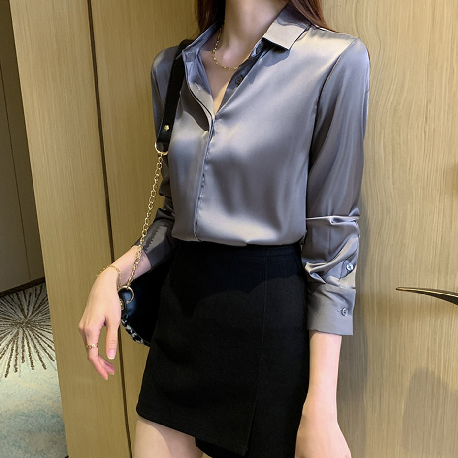 Satin Long Sleeve Button Up Blouse