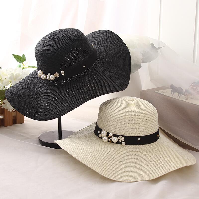 Round Top Raffia Pearl Wide Brim Straw Hat