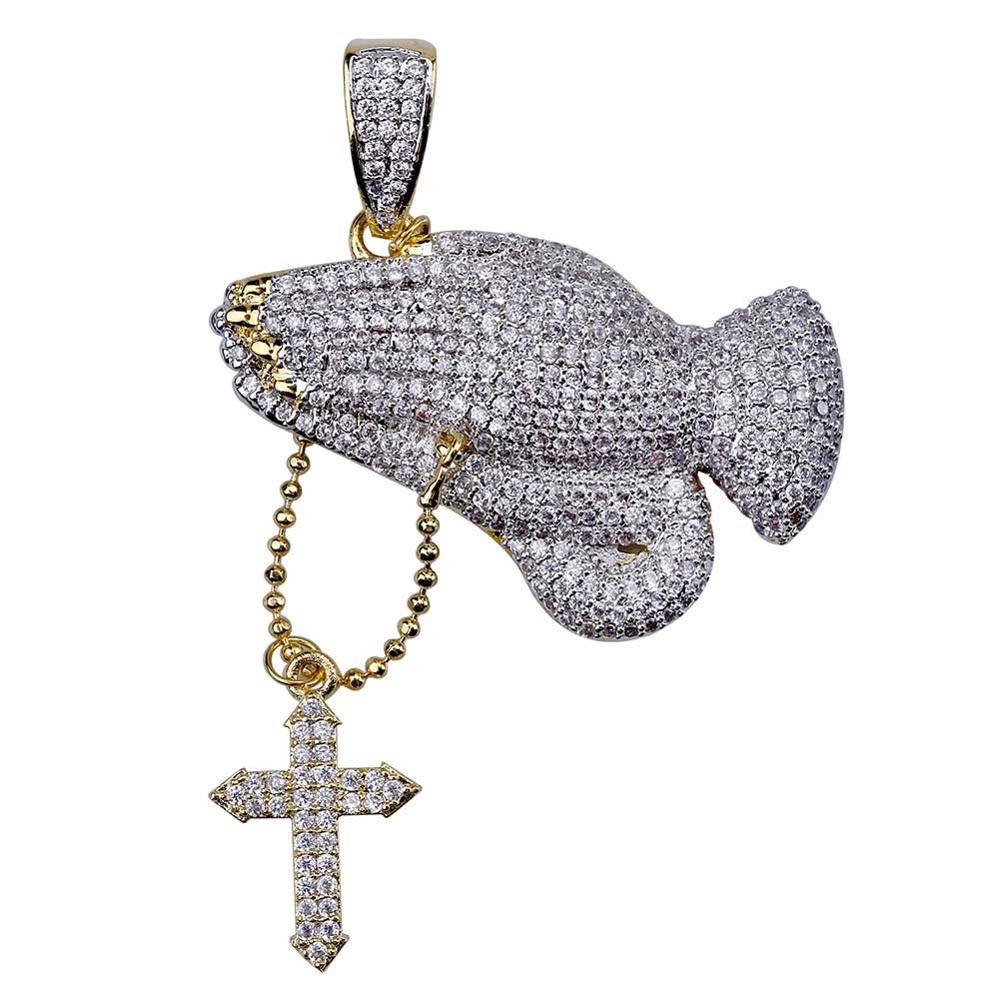 Rhinestone Praying Hands Pendant Rope Chain Necklace