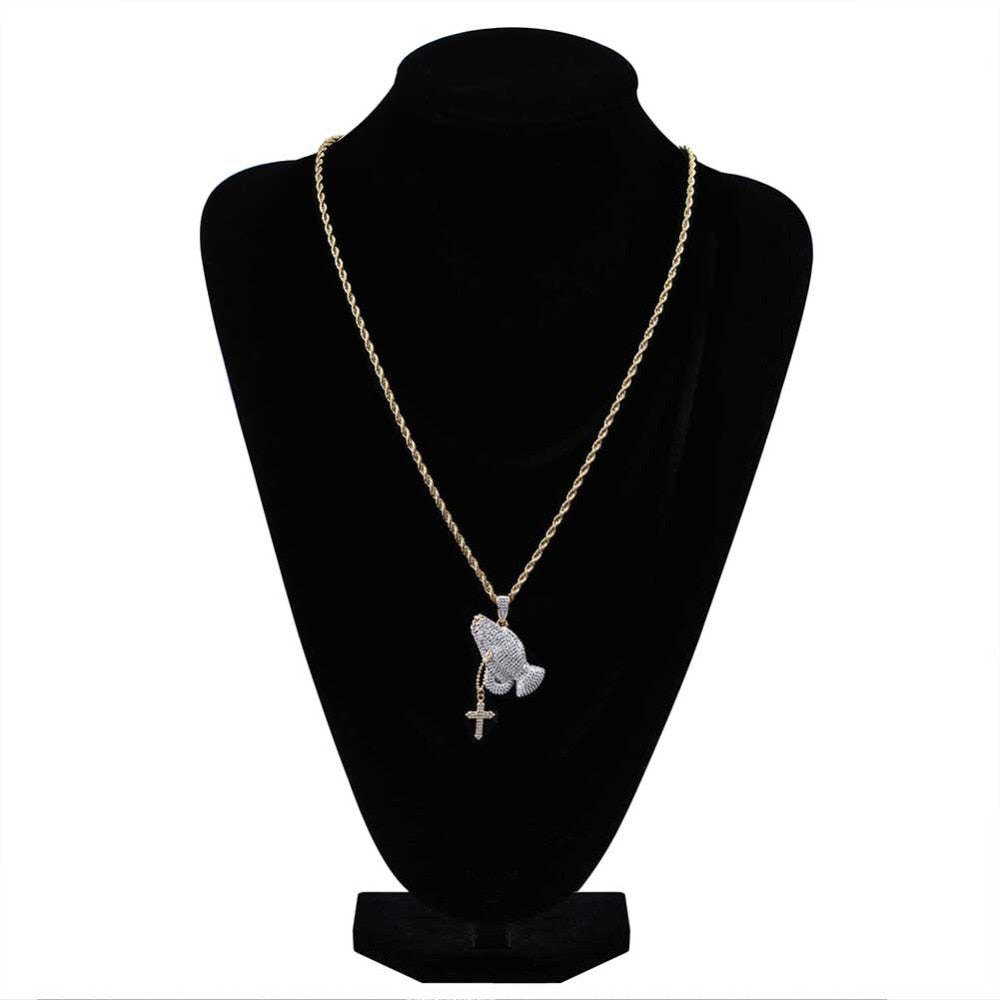 Rhinestone Praying Hands Pendant Rope Chain Necklace